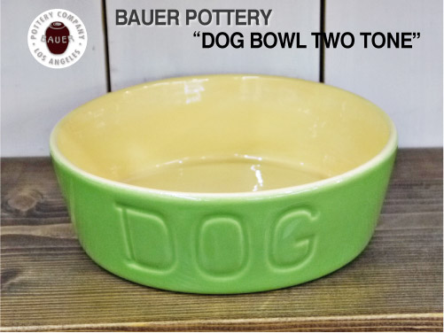 BAUER POTTERY バウワーポテリー DOGBOWL M・グリーン×バタークリーム